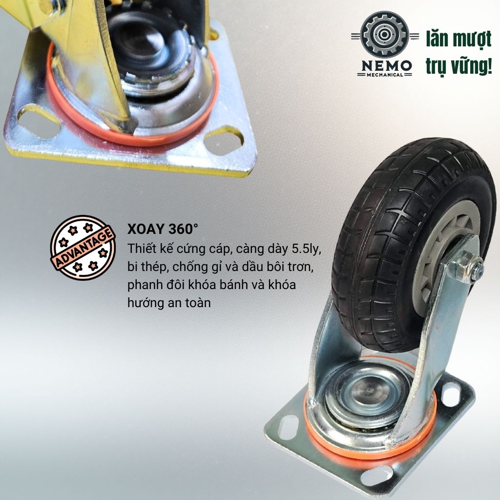 Bánh Xe Cao Su Đặc D150 Chịu Mài Mòn – Càng Dày 5.5mm, Chuyên Dụng Đường Nhựa & Bê Tông